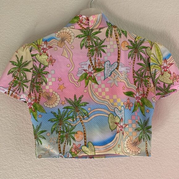 Oceanus Short Sleeve Palm Tree Mermaid Pastel Swim Top Small - Picture 5 of 5